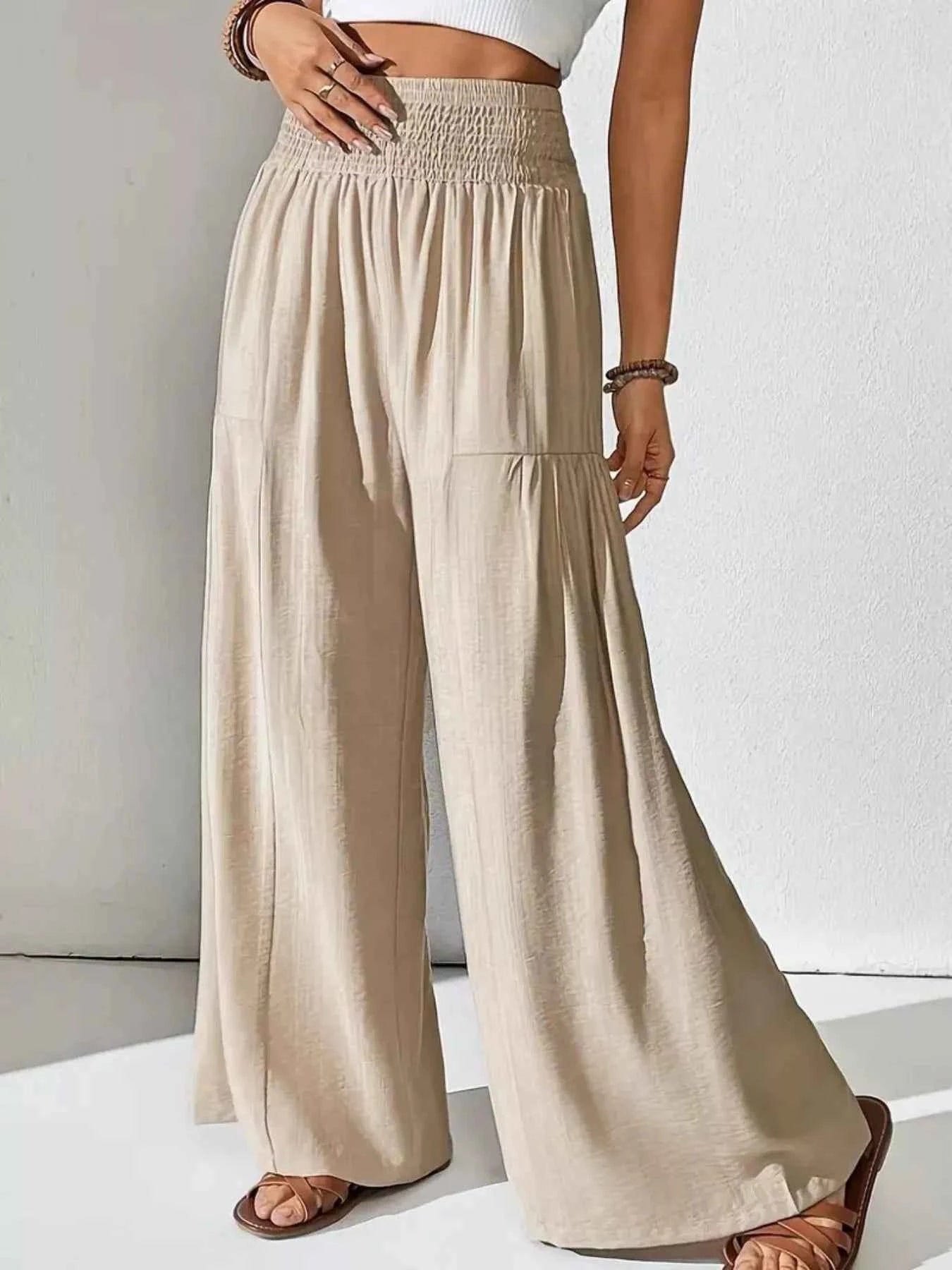 Smocked Waist Wide Leg Pants - ELC Fashion