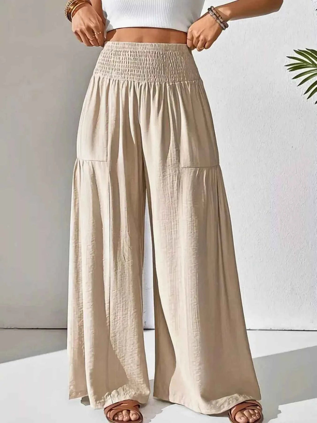 Smocked Waist Wide Leg Pants - ELC Fashion