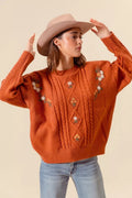 SO ME Embroidered Flower Cable Knitted Sweater - ELC Fashion
