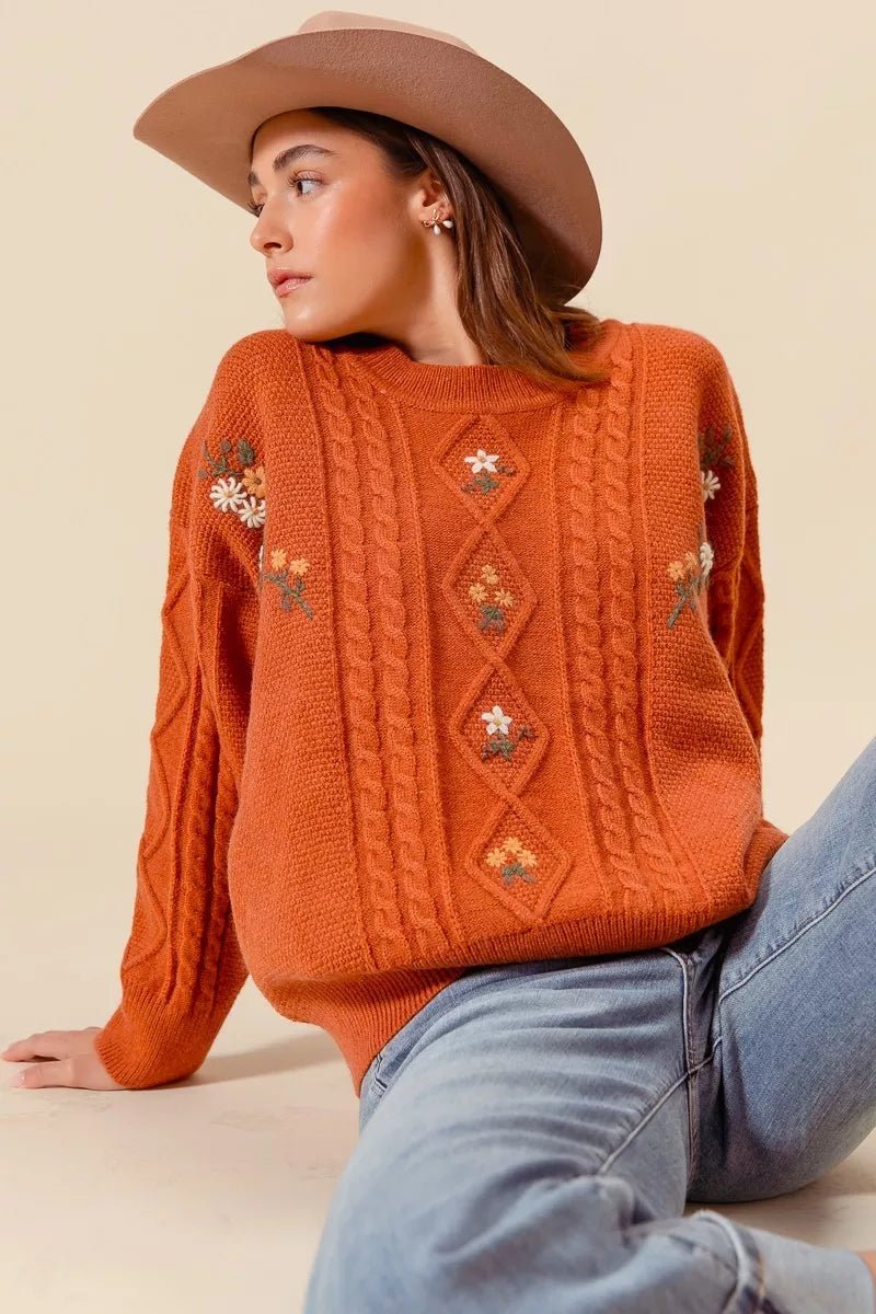 SO ME Embroidered Flower Cable Knitted Sweater - ELC Fashion
