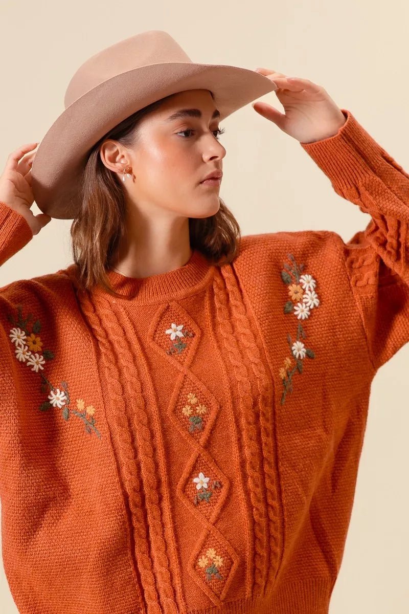 SO ME Embroidered Flower Cable Knitted Sweater - ELC Fashion