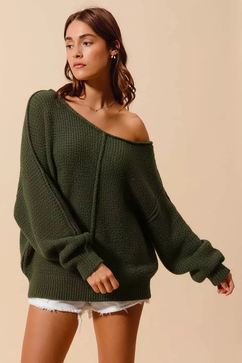 SO ME Loose Fit Exposed Seam Slouchy Boucle Sweater - ELC Fashion