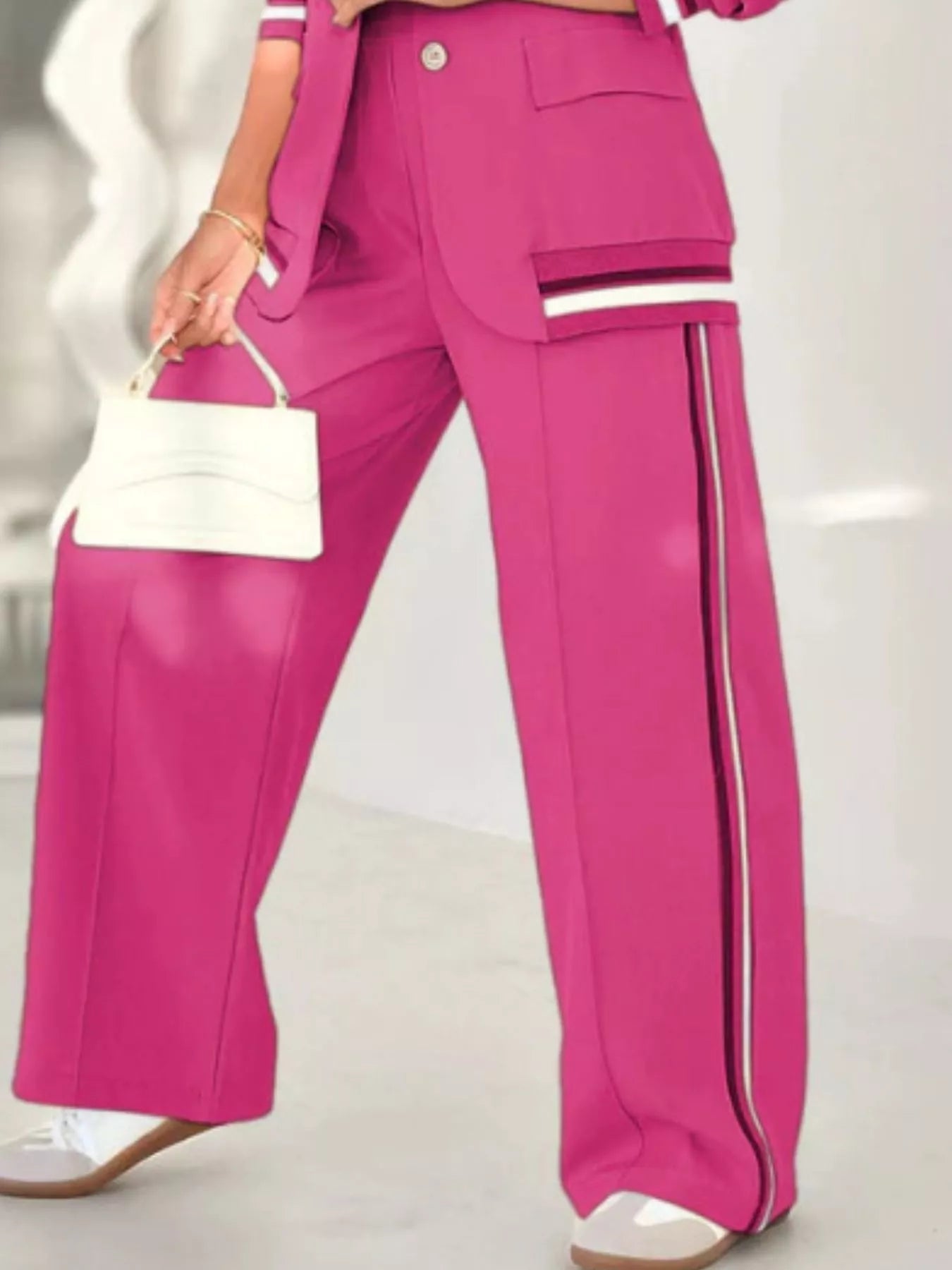 Striped Trim Button Down Jacket and Pants Set - ELC Fashion