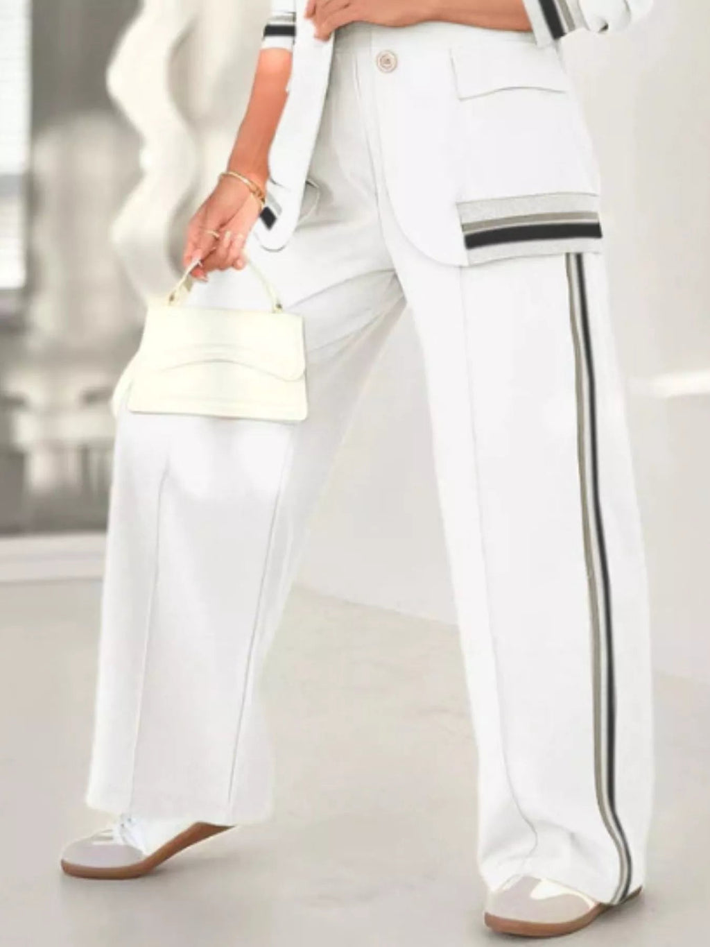 Striped Trim Button Down Jacket and Pants Set - ELC Fashion