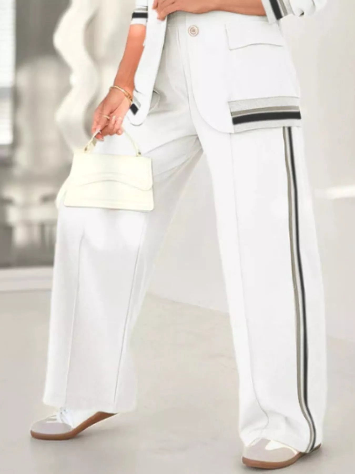 Striped Trim Button Down Jacket and Pants Set - ELC Fashion