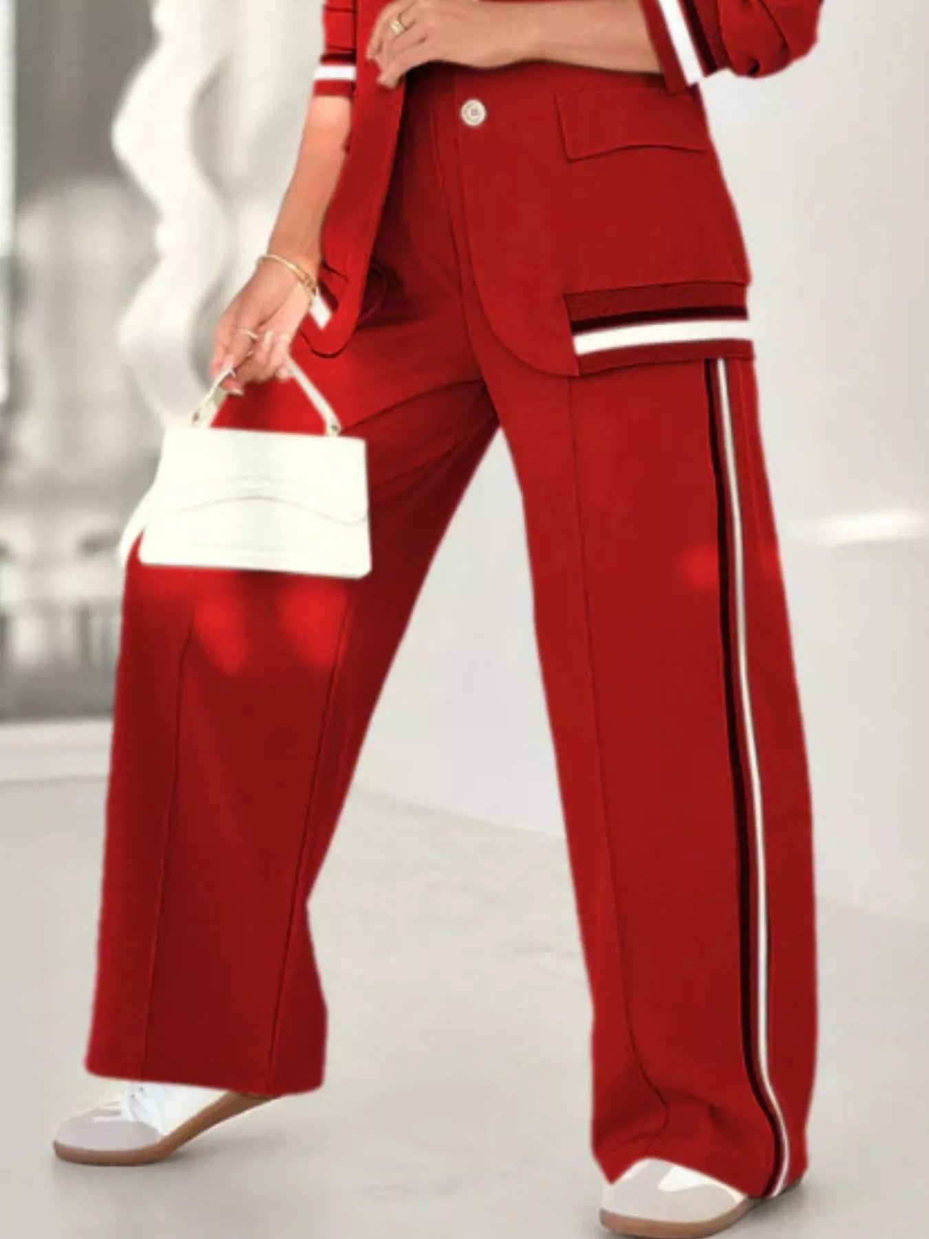 Striped Trim Button Down Jacket and Pants Set - ELC Fashion