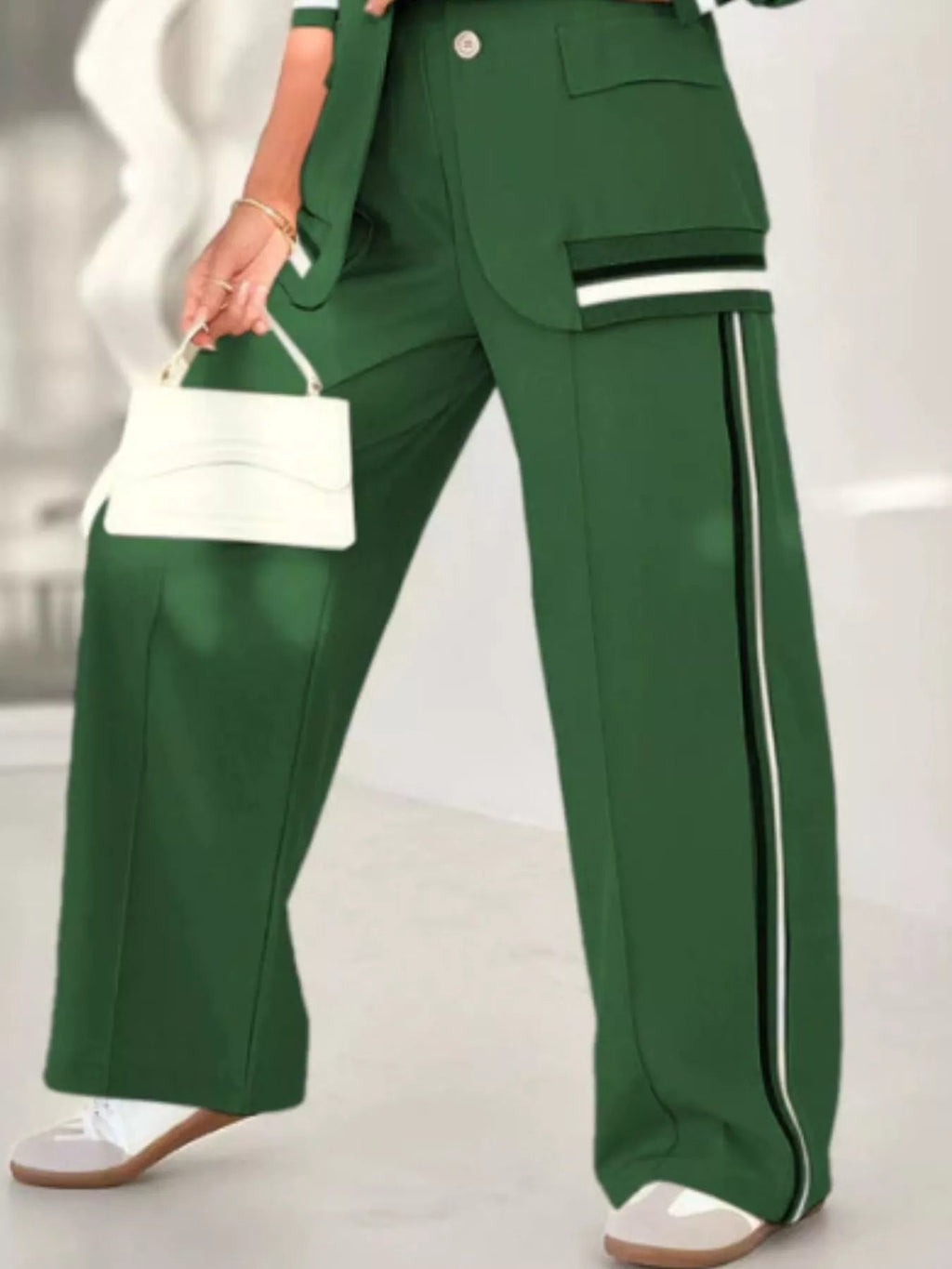 Striped Trim Button Down Jacket and Pants Set - ELC Fashion