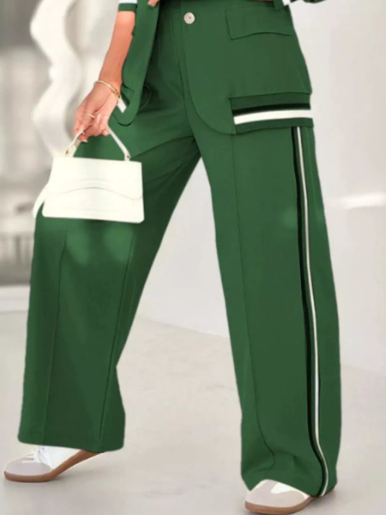 Striped Trim Button Down Jacket and Pants Set - ELC Fashion
