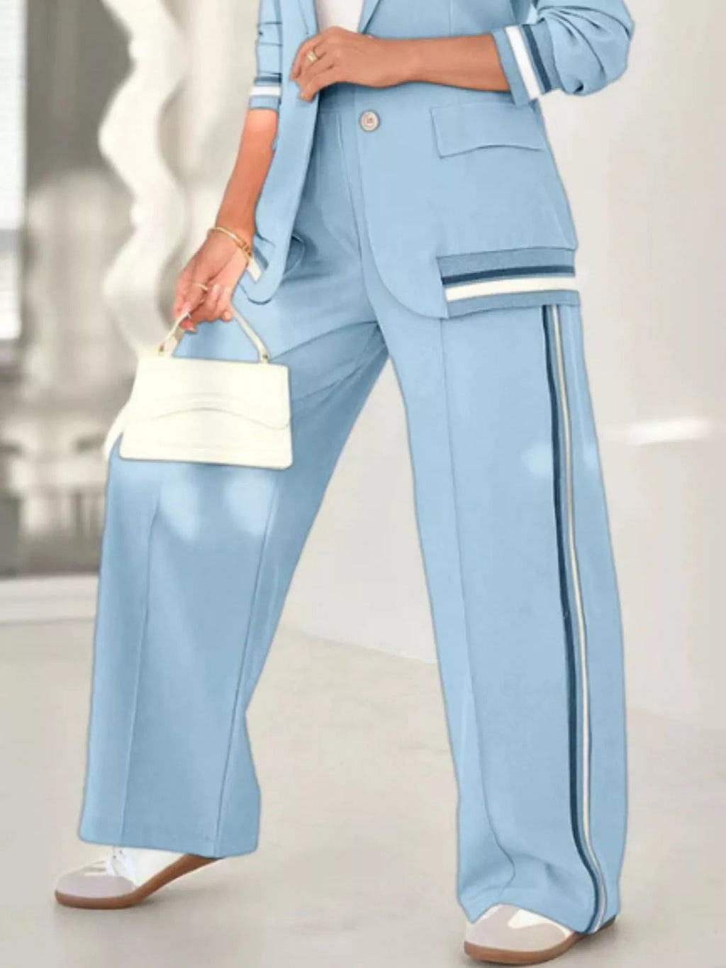 Striped Trim Button Down Jacket and Pants Set - ELC Fashion
