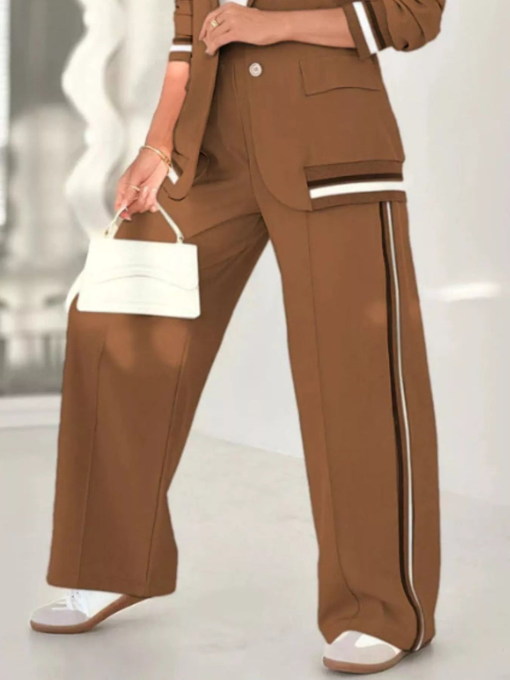 Striped Trim Button Down Jacket and Pants Set - ELC Fashion