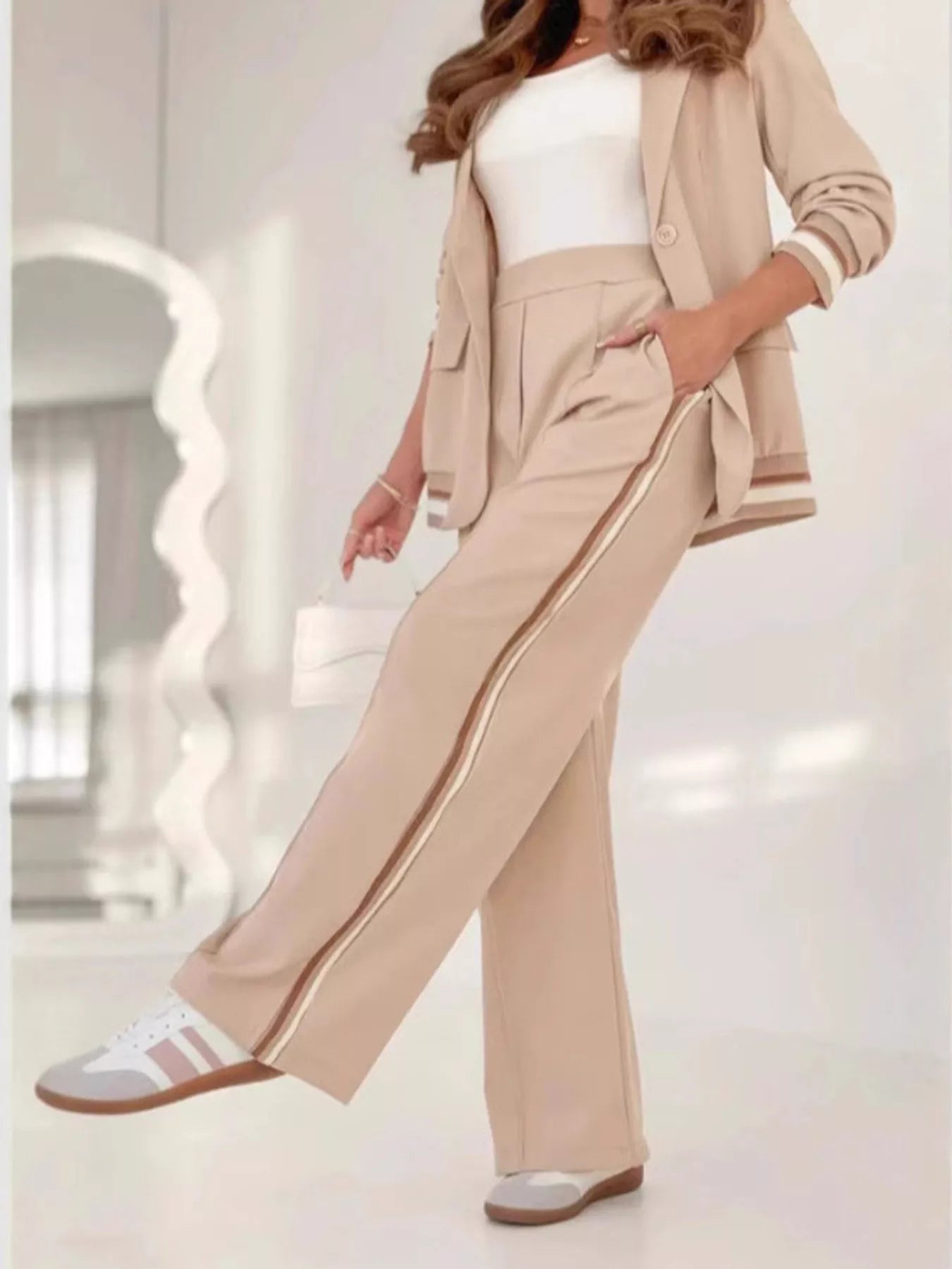 Striped Trim Button Down Jacket and Pants Set - ELC Fashion