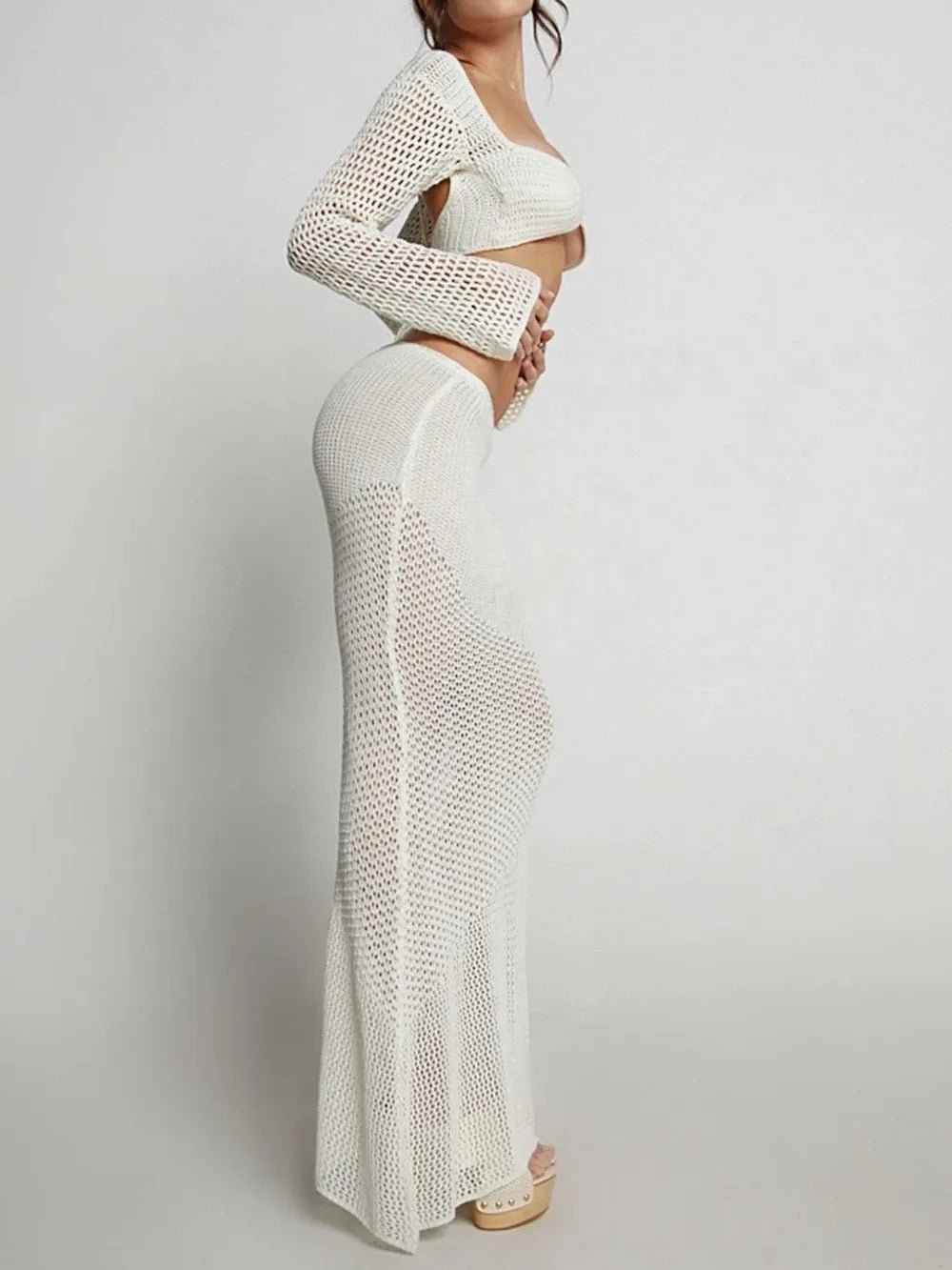 Tied Long Sleeve Top and Skirt Cover Up Set - ELC Fashion