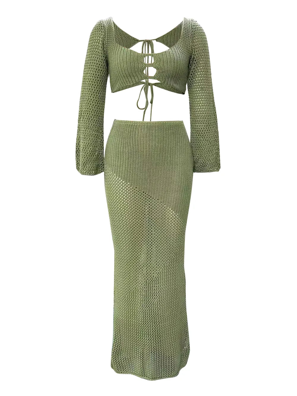 Tied Long Sleeve Top and Skirt Cover Up Set - ELC Fashion