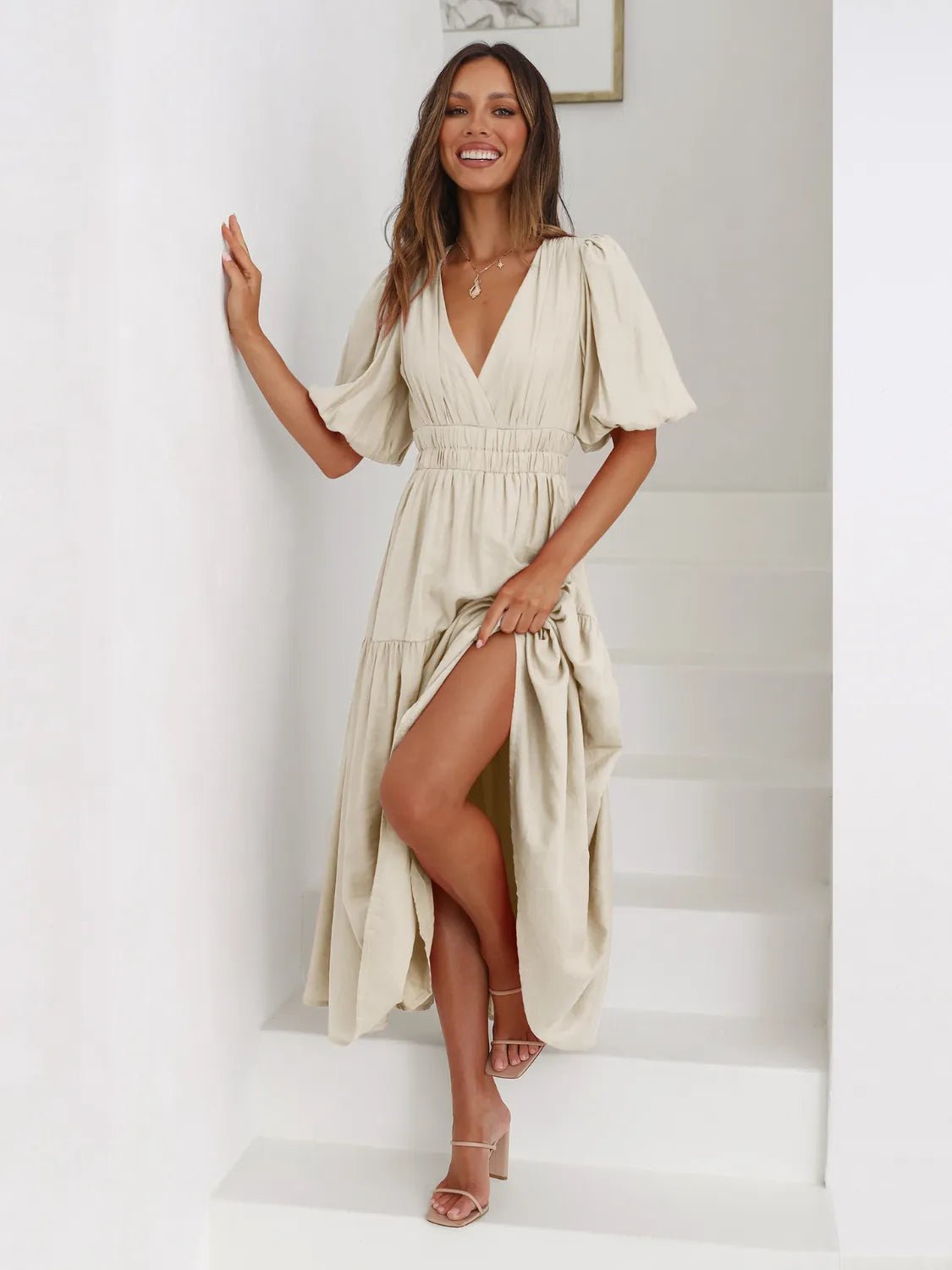 Tiered Surplice Half Sleeve Midi Dress - ELC Fashion