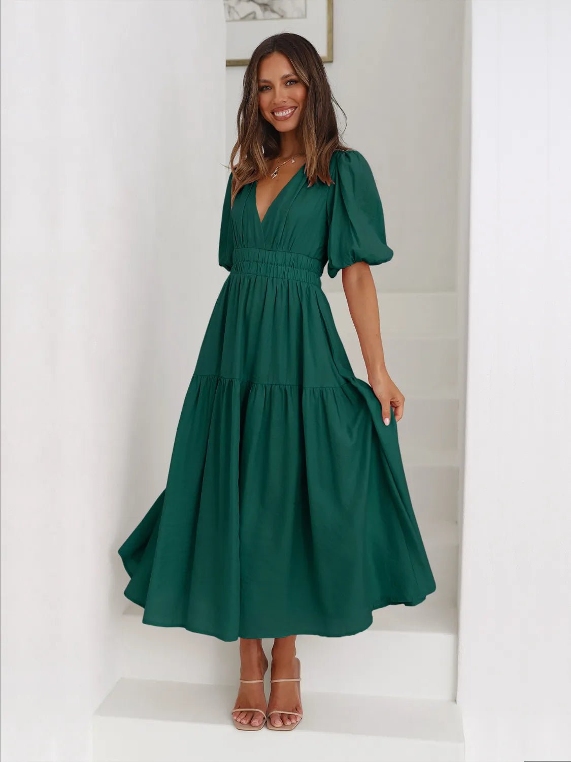 Tiered Surplice Half Sleeve Midi Dress - ELC Fashion