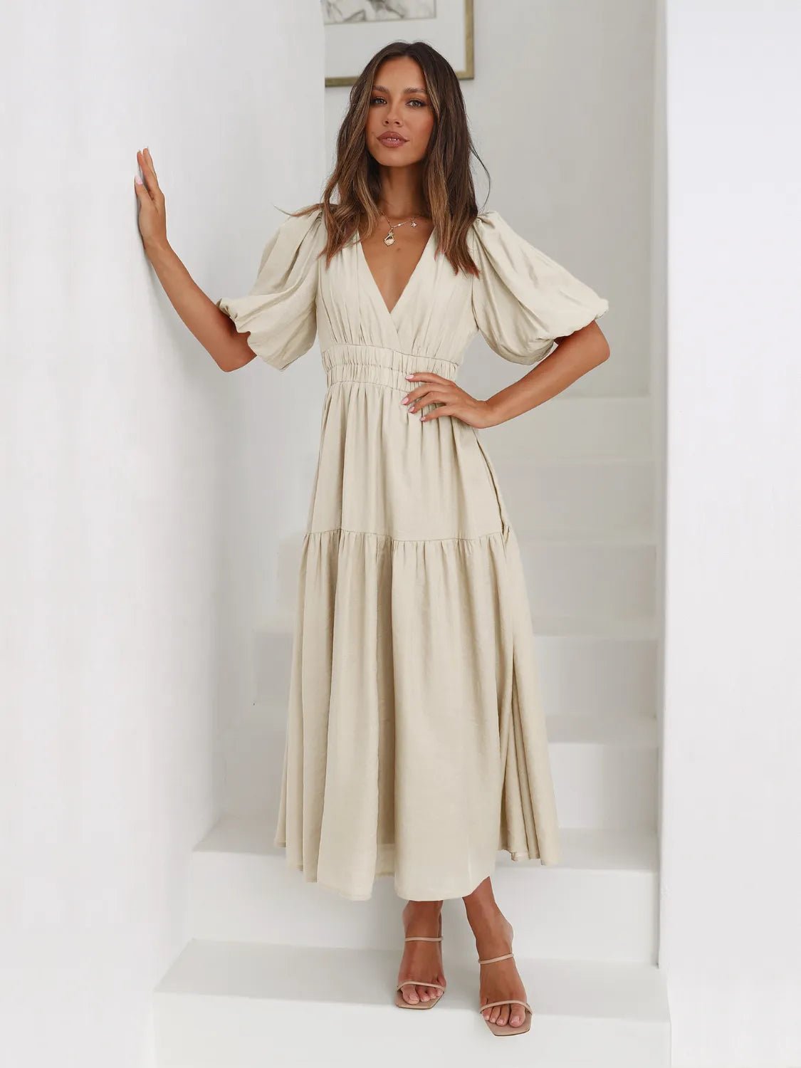 Tiered Surplice Half Sleeve Midi Dress - ELC Fashion