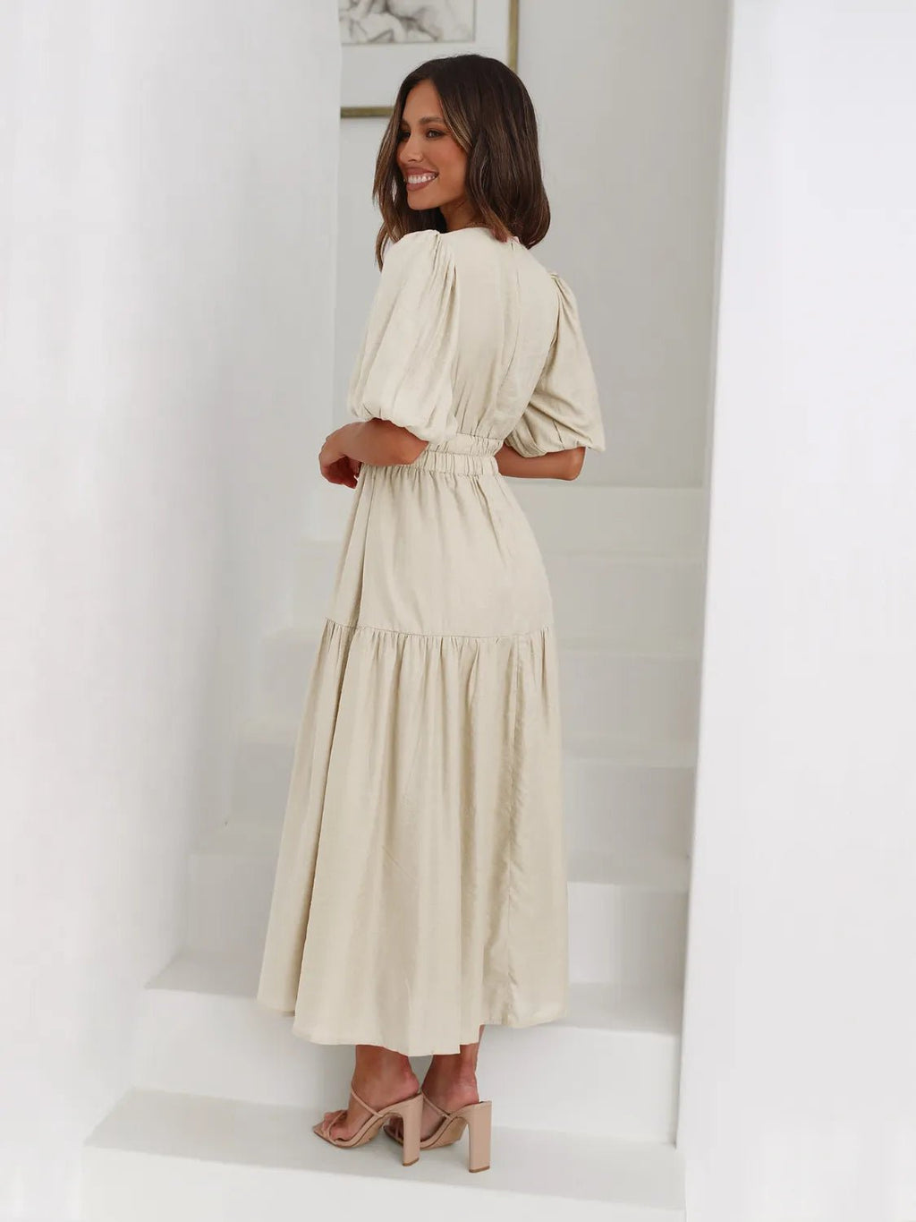 Tiered Surplice Half Sleeve Midi Dress - ELC Fashion