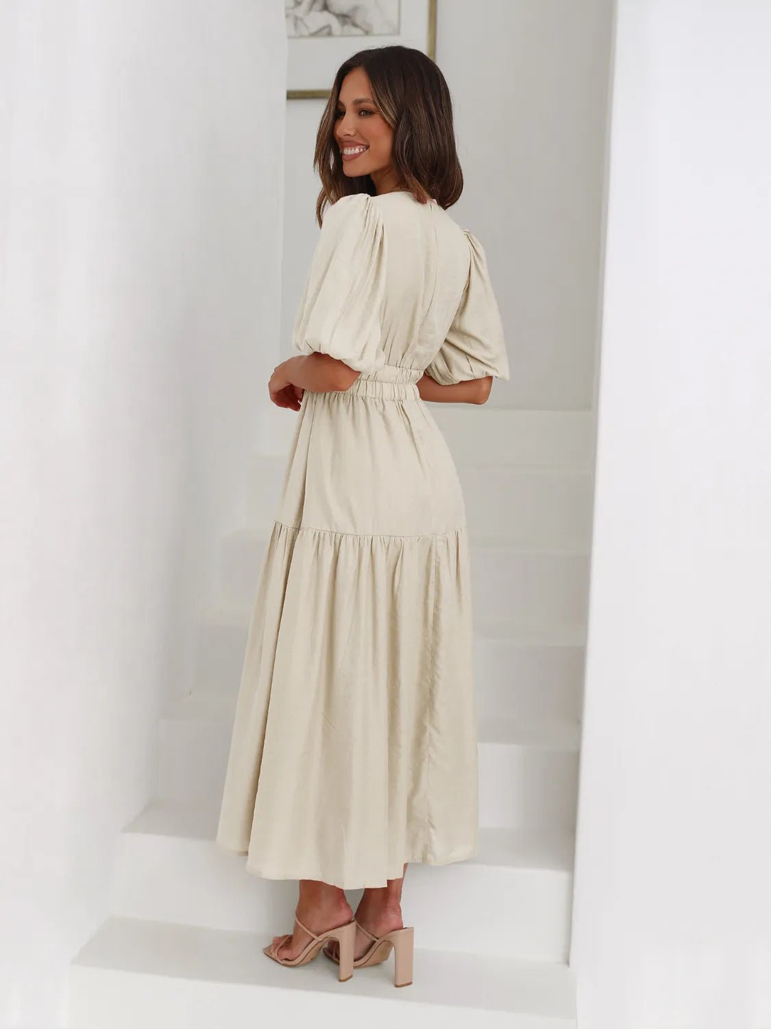 Tiered Surplice Half Sleeve Midi Dress - ELC Fashion
