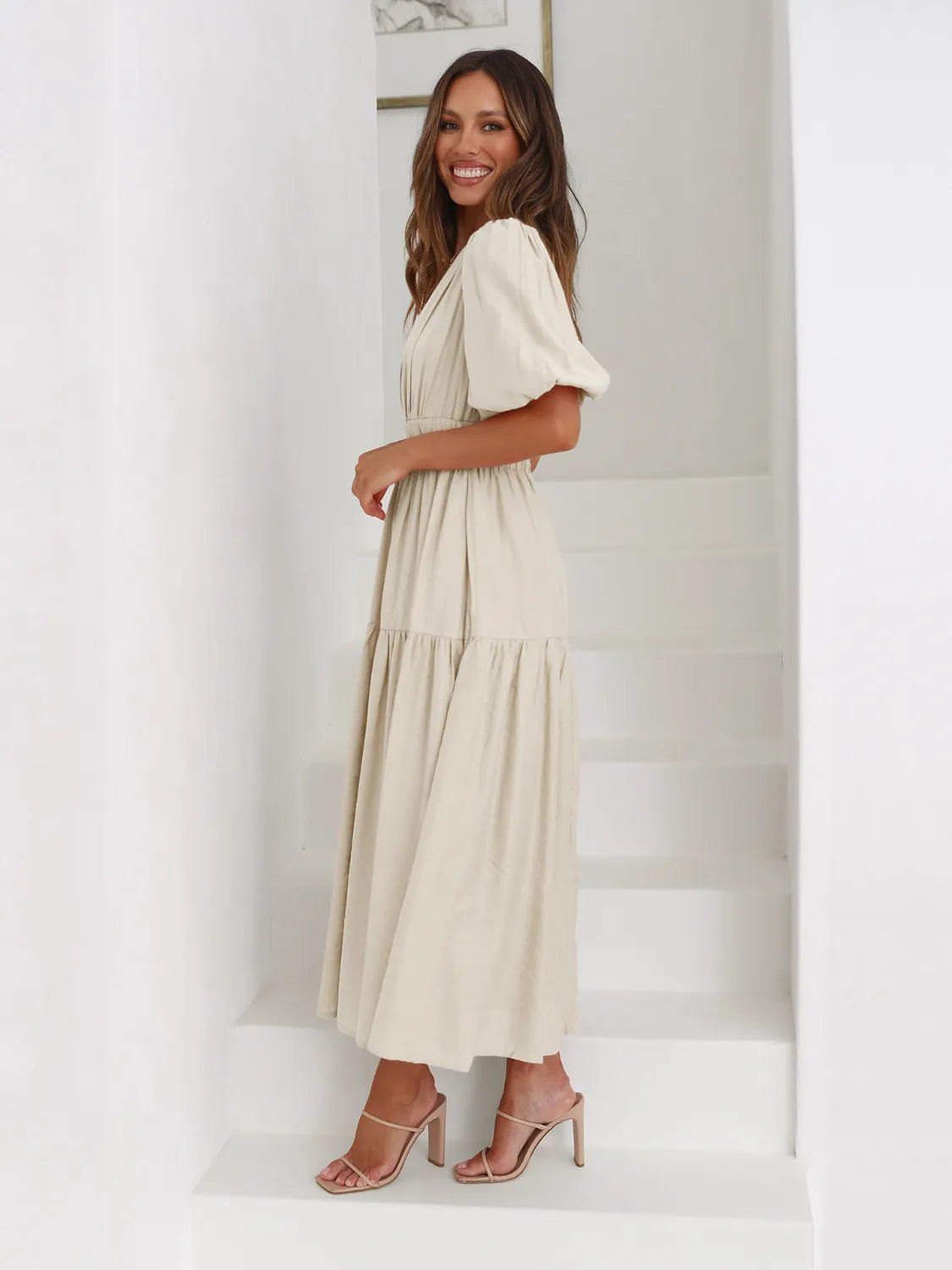 Tiered Surplice Half Sleeve Midi Dress - ELC Fashion