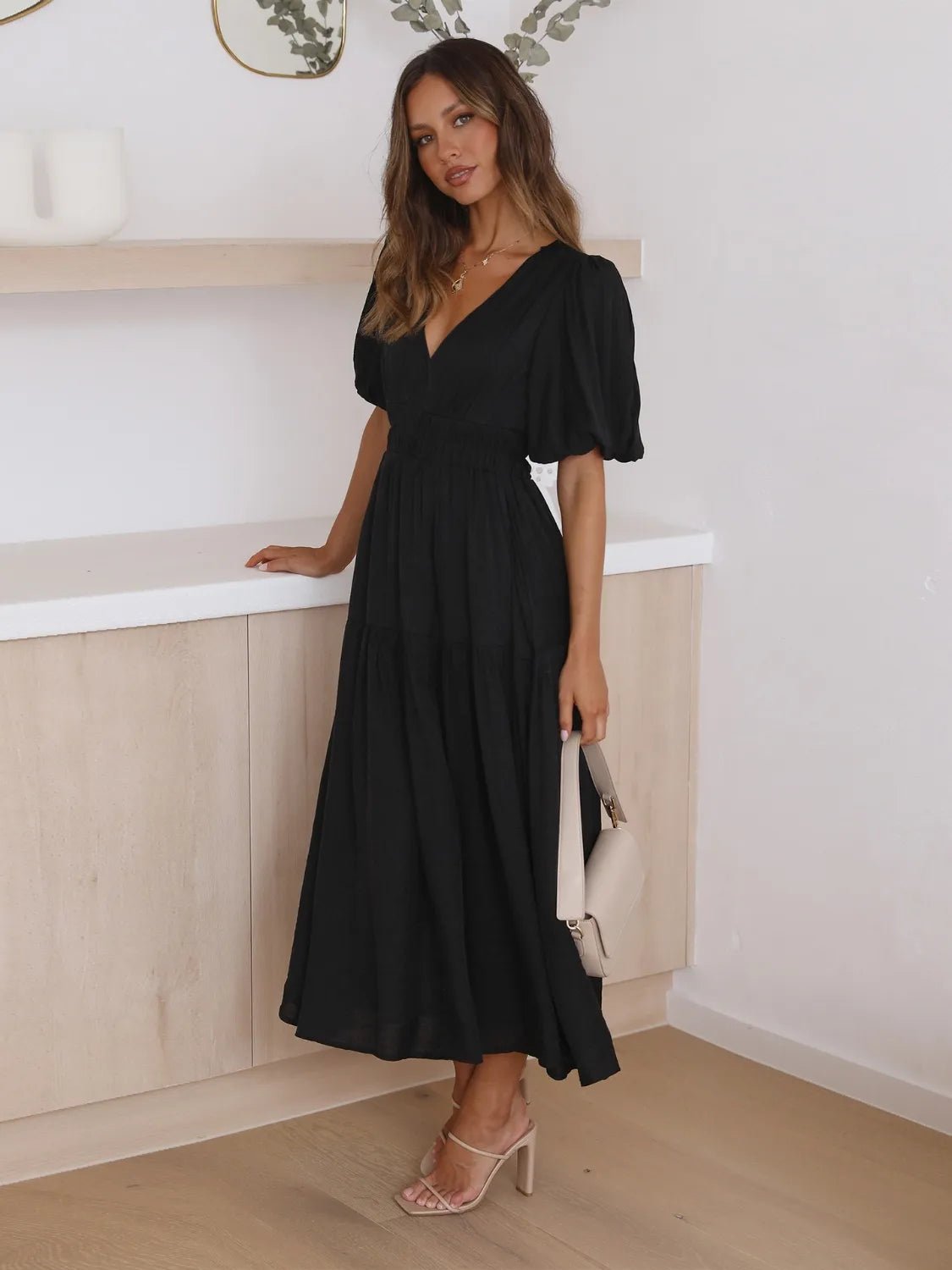 Tiered Surplice Half Sleeve Midi Dress - ELC Fashion