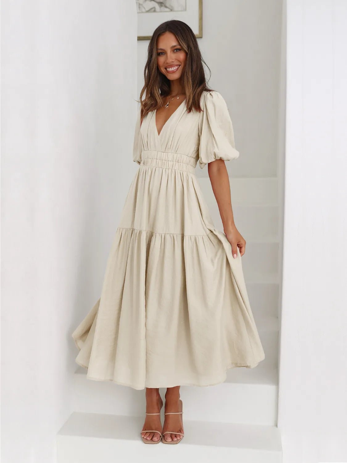 Tiered Surplice Half Sleeve Midi Dress - ELC Fashion
