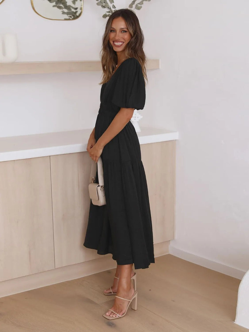 Tiered Surplice Half Sleeve Midi Dress - ELC Fashion
