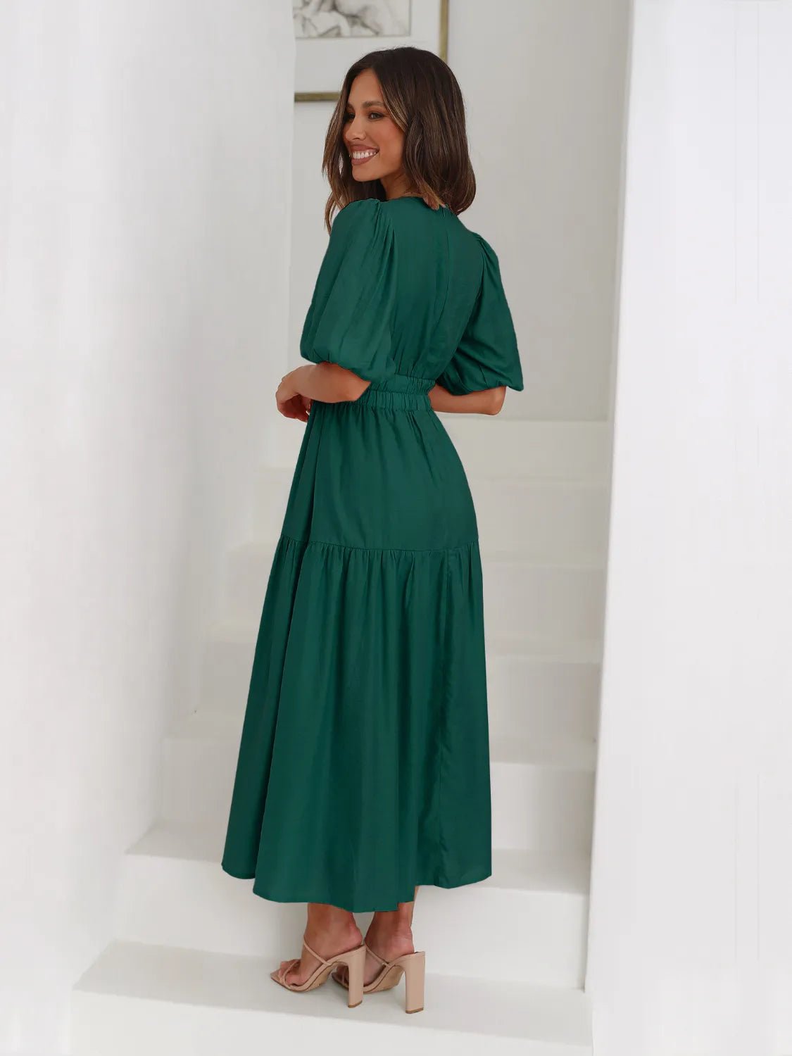 Tiered Surplice Half Sleeve Midi Dress - ELC Fashion