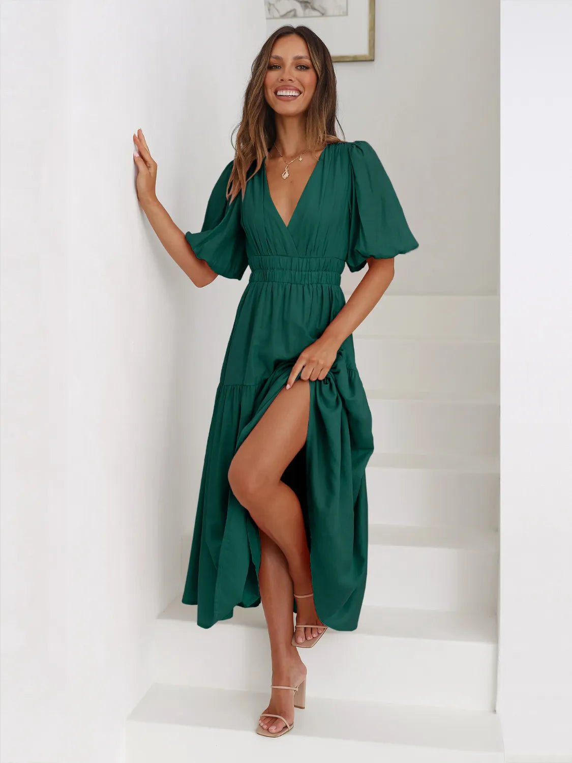 Tiered Surplice Half Sleeve Midi Dress - ELC Fashion