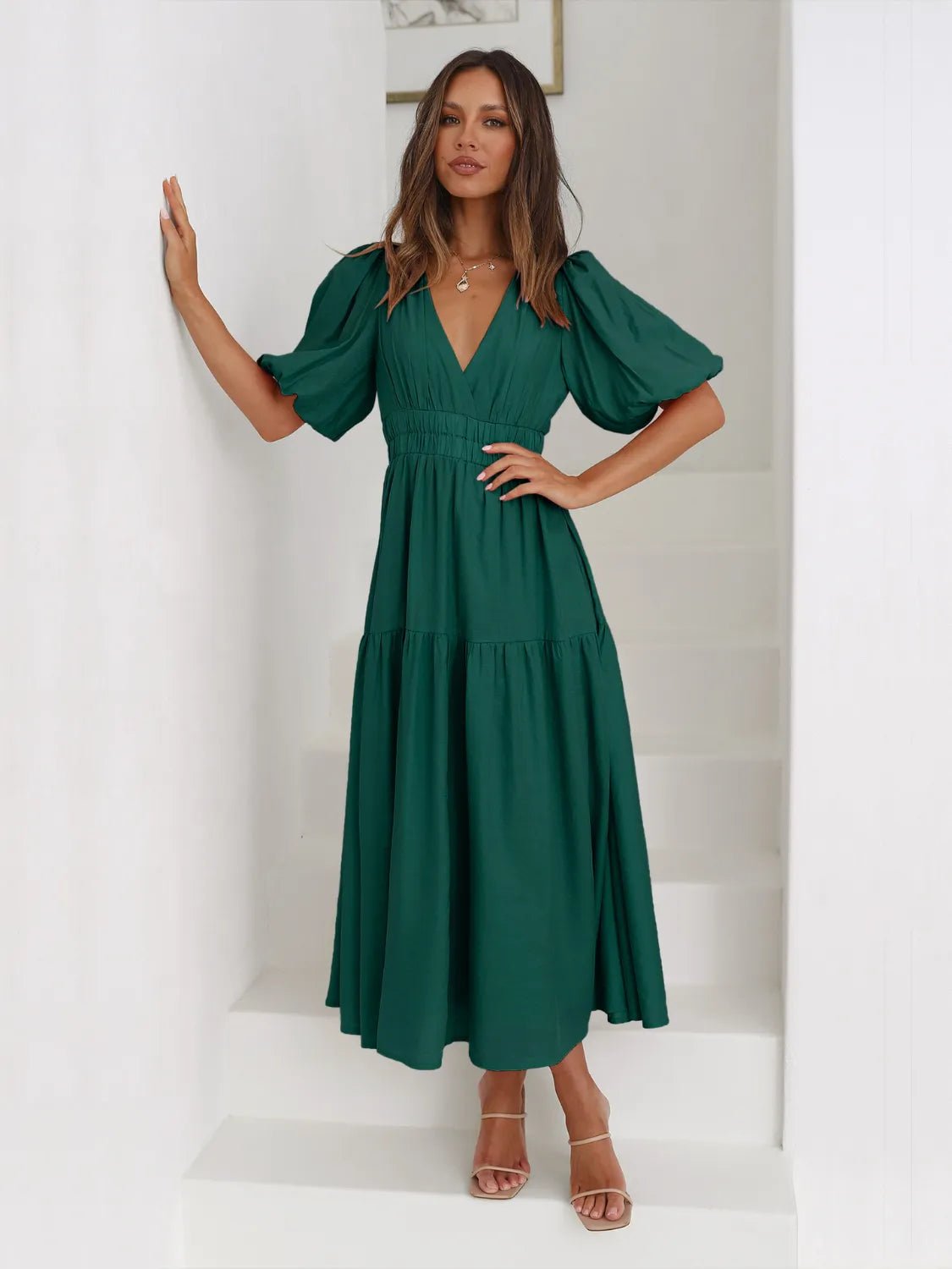 Tiered Surplice Half Sleeve Midi Dress - ELC Fashion