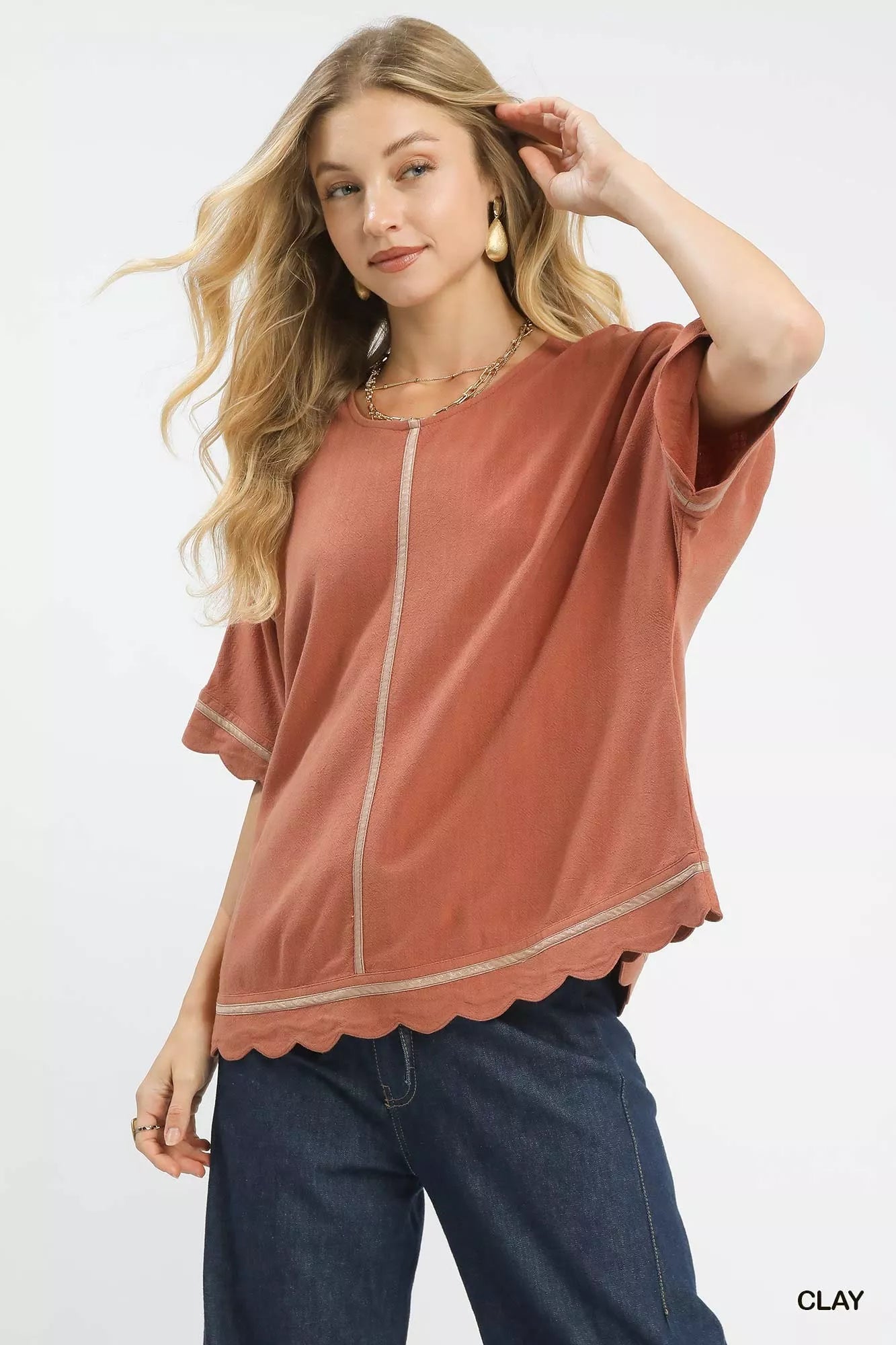 Umgee Linen Blend Scallop Trim Top - ELC Fashion