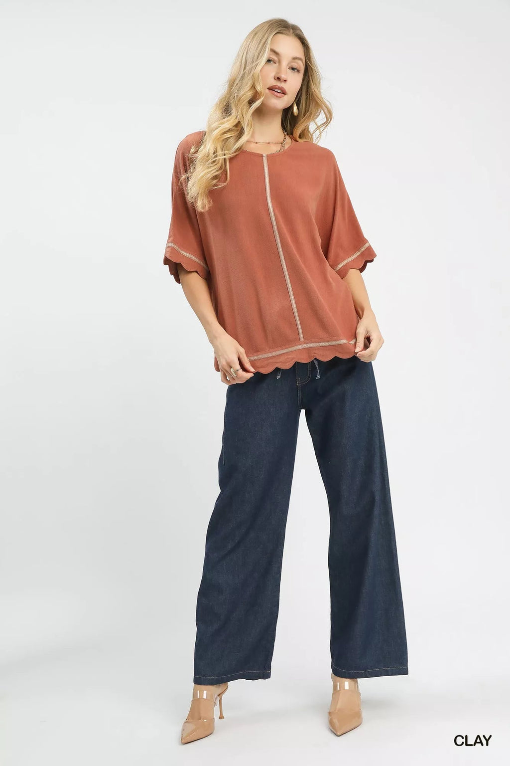 Umgee Linen Blend Scallop Trim Top - ELC Fashion
