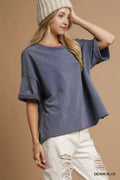 Umgee Mineral Wash Round Neck Top - ELC Fashion