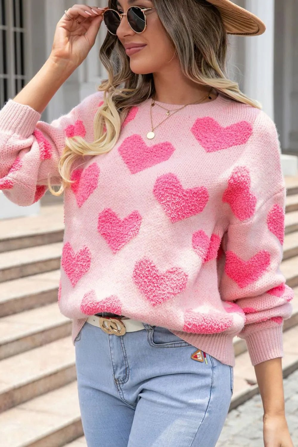 Valentine's Day Heart Jacquard Round Neck Sweater - ELC Fashion