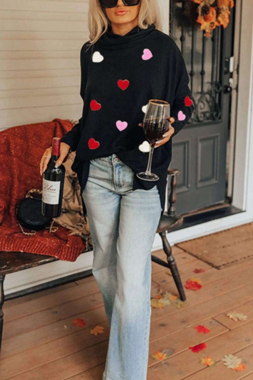 Valentine’s Day Heart Patched Turtleneck Long Sleeve Top - ELC Fashion