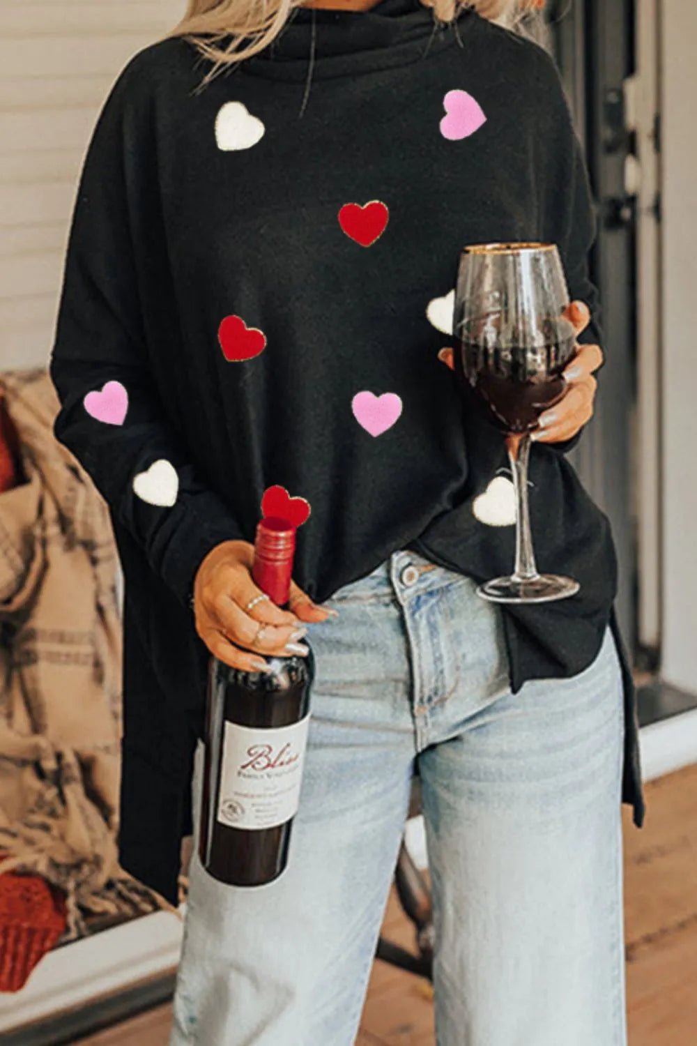 Valentine’s Day Heart Patched Turtleneck Long Sleeve Top - ELC Fashion