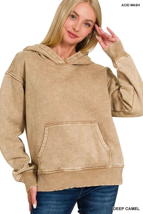 Women's acid wash fleece kangaroo pocket hoodie