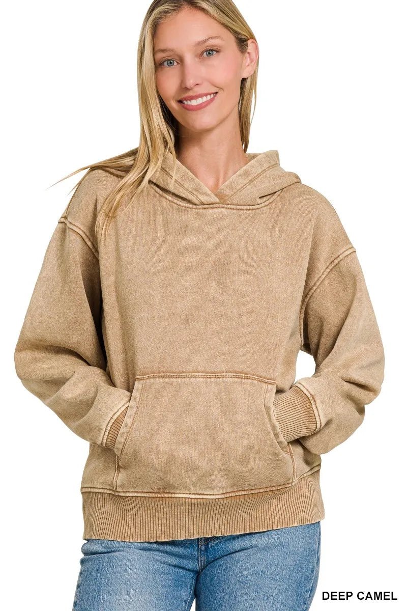 Zenana Fleece Acid Wash Kangaroo Pocket Hoodie - ELC Fashion