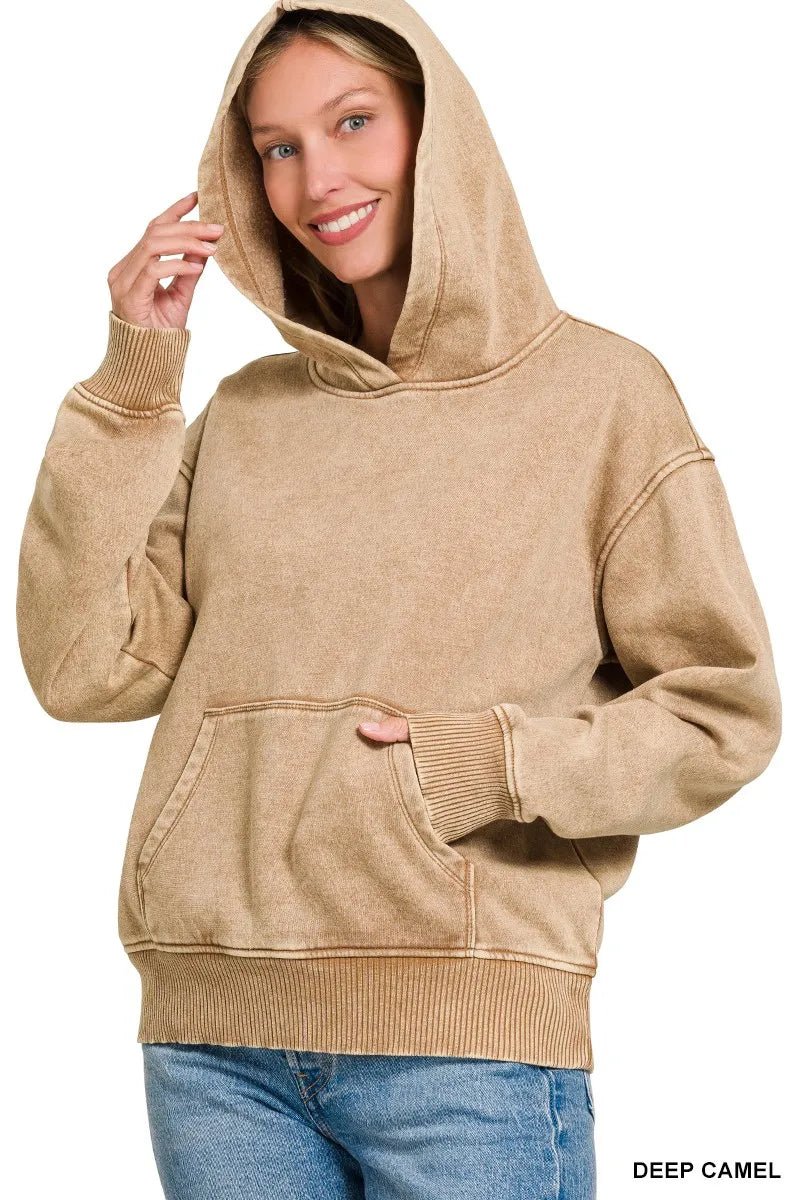 Zenana Fleece Acid Wash Kangaroo Pocket Hoodie - ELC Fashion