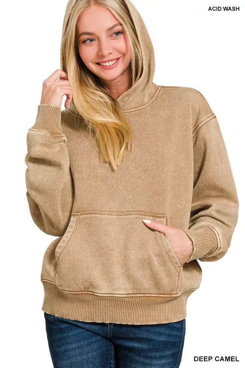 Acid wash fleece kangaroo pocket hoodie for women