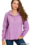 Zenana Ribbed Two Tone Half Zip Sweater - ELC Fashion