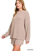Zenana Round Neck Knit Top and Shorts Sweater Set - ELC Fashion